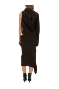 A sleek black sleeveless midi dress with draped cowl neckline and asymmetrical hemline by courrèges