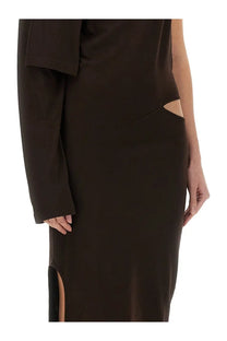 Courrèges women’s off shoulder dark brown sleeveless dress with draped long sleeves and asymmetrical side cutouts