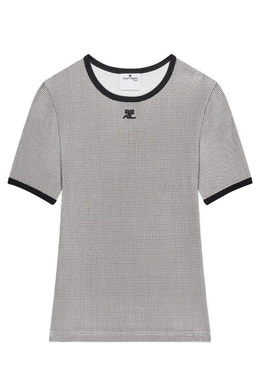 Courrèges women’s signature contrast shirt black houndstooth t-shirt with ribbed trim and embroidered logo