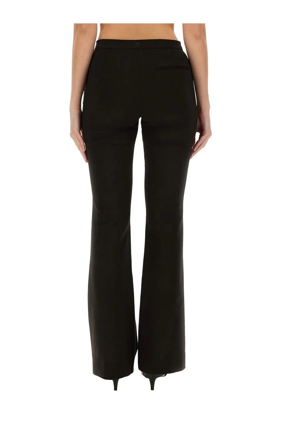 Courrèges women’s tailored black flared trousers with sleek straight-leg cut and subtle back pocket detailing from back view