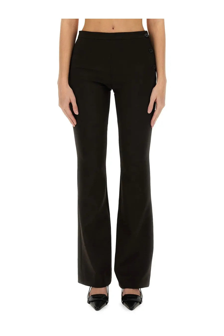Courrèges women’s tailored black high-waisted trousers with straight-leg cut and button detailing along the side seam