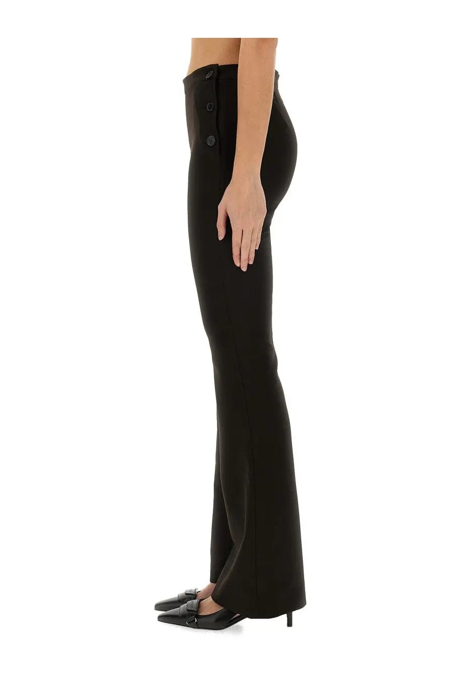 Courrèges women’s tailored black high-waisted flared trousers with side button detail and oblique brown accent