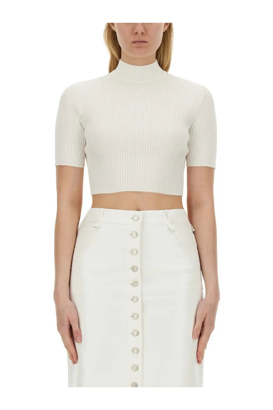 A courrèges women’s white ribbed crop top with short sleeves and a high neckline made from soft fabric