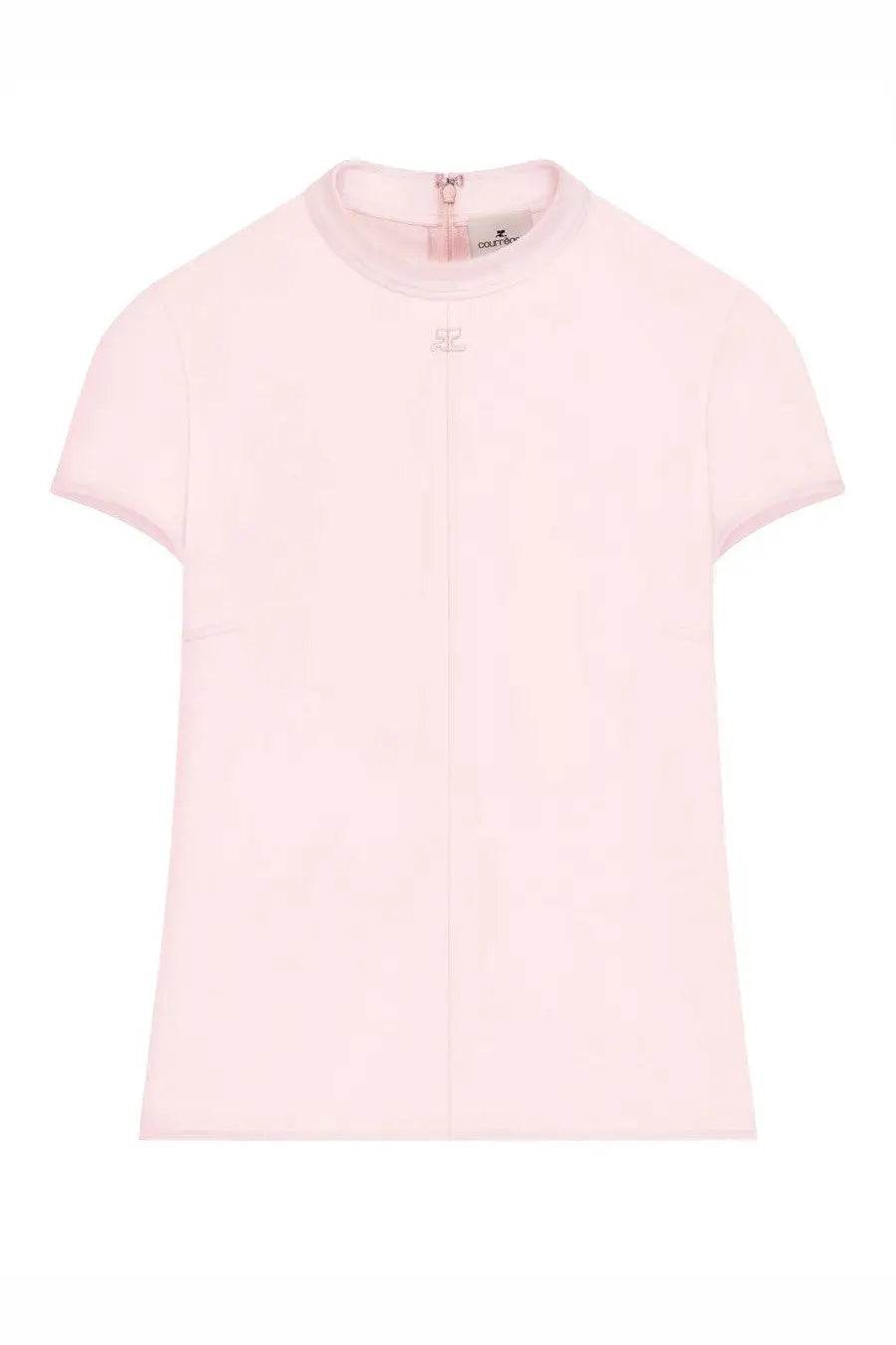 A soft pink short-sleeved top with a round neckline and subtle front seam detail from courrèges women’s heritage blue collection