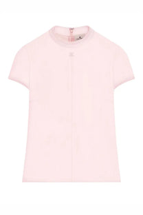 A soft pink short-sleeved top with a round neckline and subtle front seam detail from courrèges women’s heritage blue collection