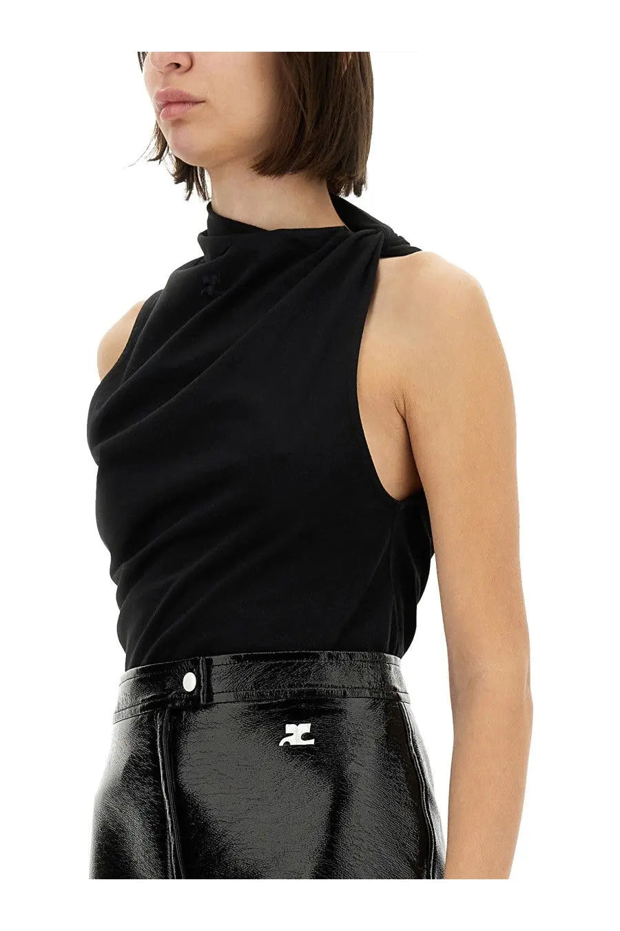 Courrèges women’s black high-neck sleeveless top with asymmetrical cutout and draped neckline design