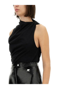 Courrèges women’s black high-neck sleeveless top with asymmetrical cutout and draped neckline design
