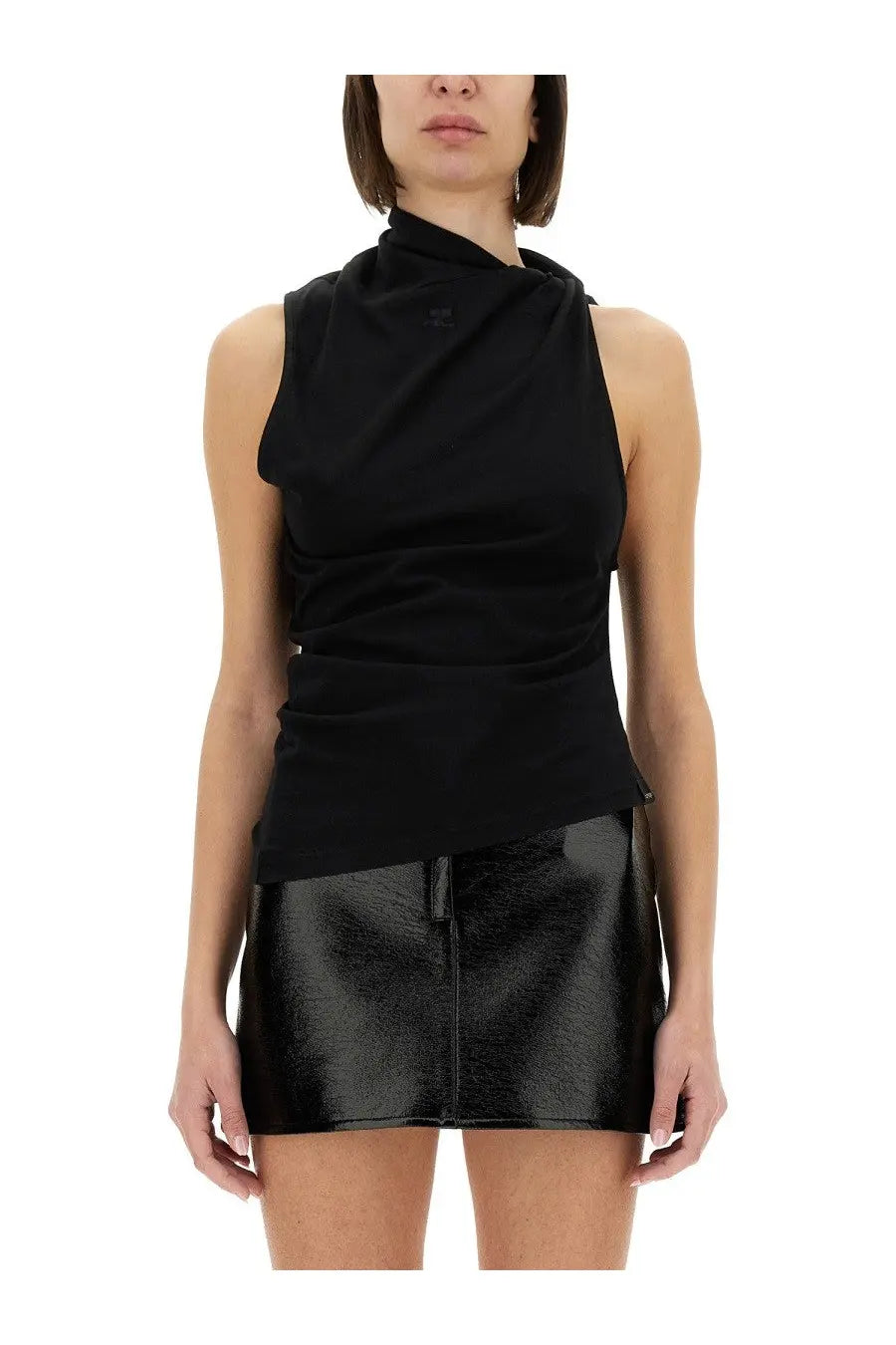 Courrèges women’s black sleeveless top with high draped neckline and asymmetrical hemline in twisted fabric