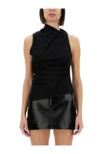 Courrèges women’s black sleeveless top with high draped neckline and asymmetrical hemline in twisted fabric