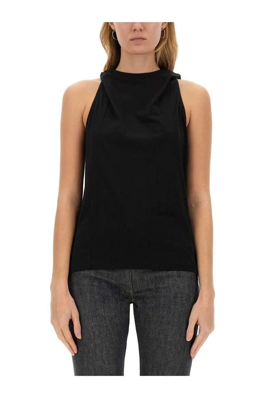 Courrèges women’s black sleeveless top with draped neckline made from lightweight fabric for stylish wear