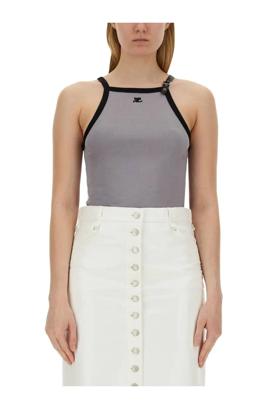 Courrèges women’s grey halter top with black trim and small chest logo ideal for casual wear