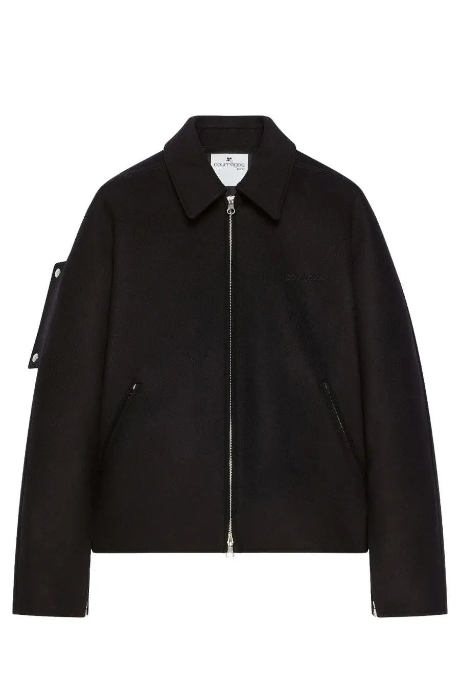 Courrèges women’s wool bomber jacket black with sleek minimalist design and subtle silver zipper accents