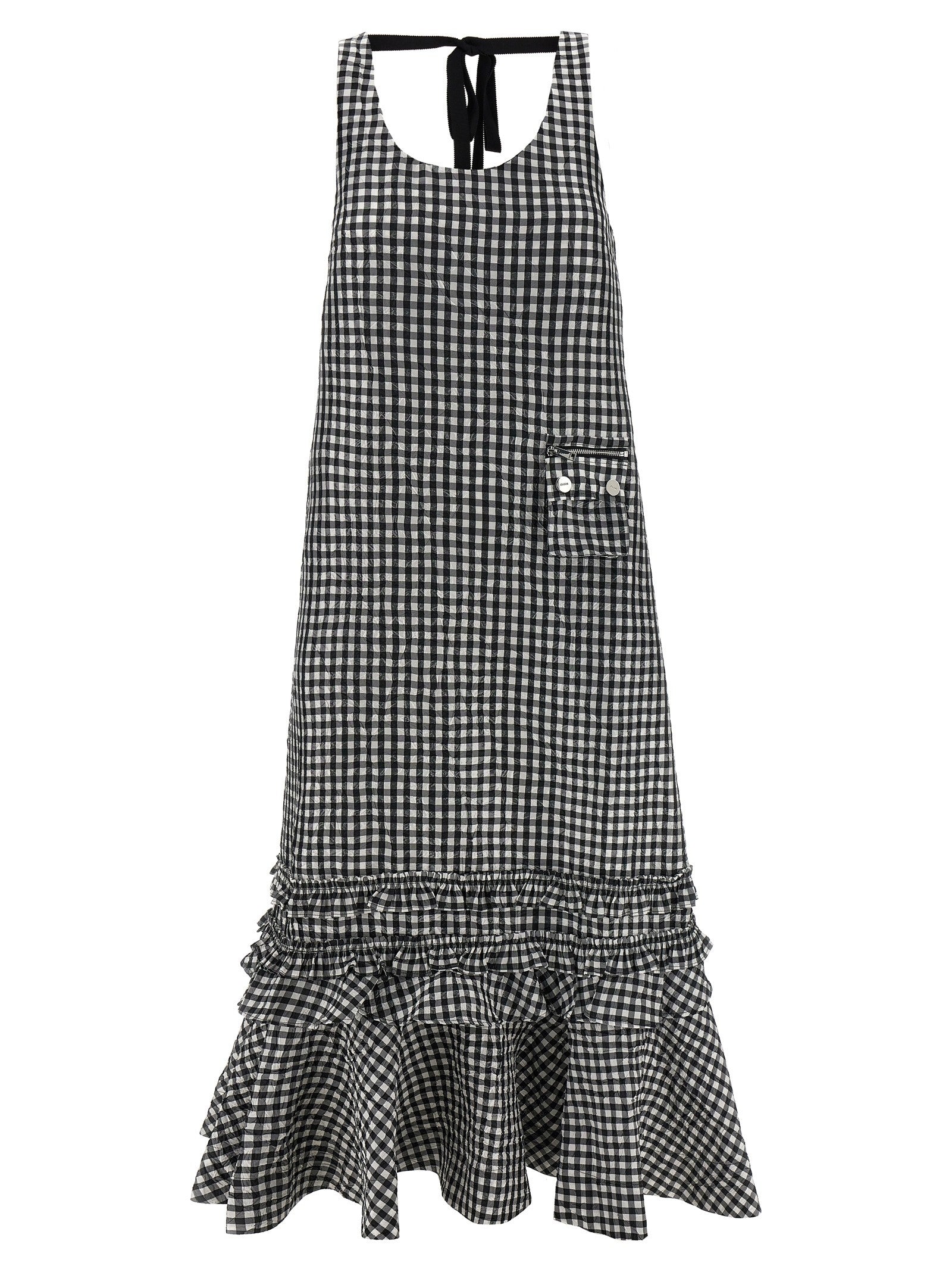 Ganni Crinkled Check Long Dress Black