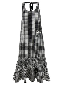 Ganni Crinkled Check Long Dress Black