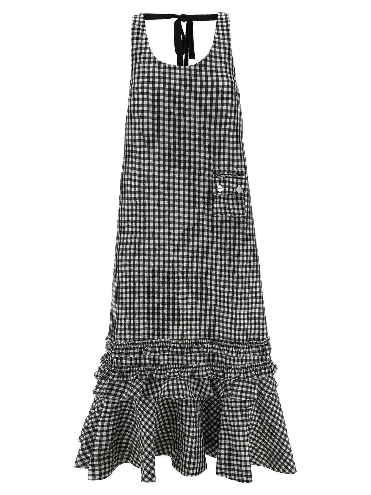 Ganni Crinkled Check Long Dress Black