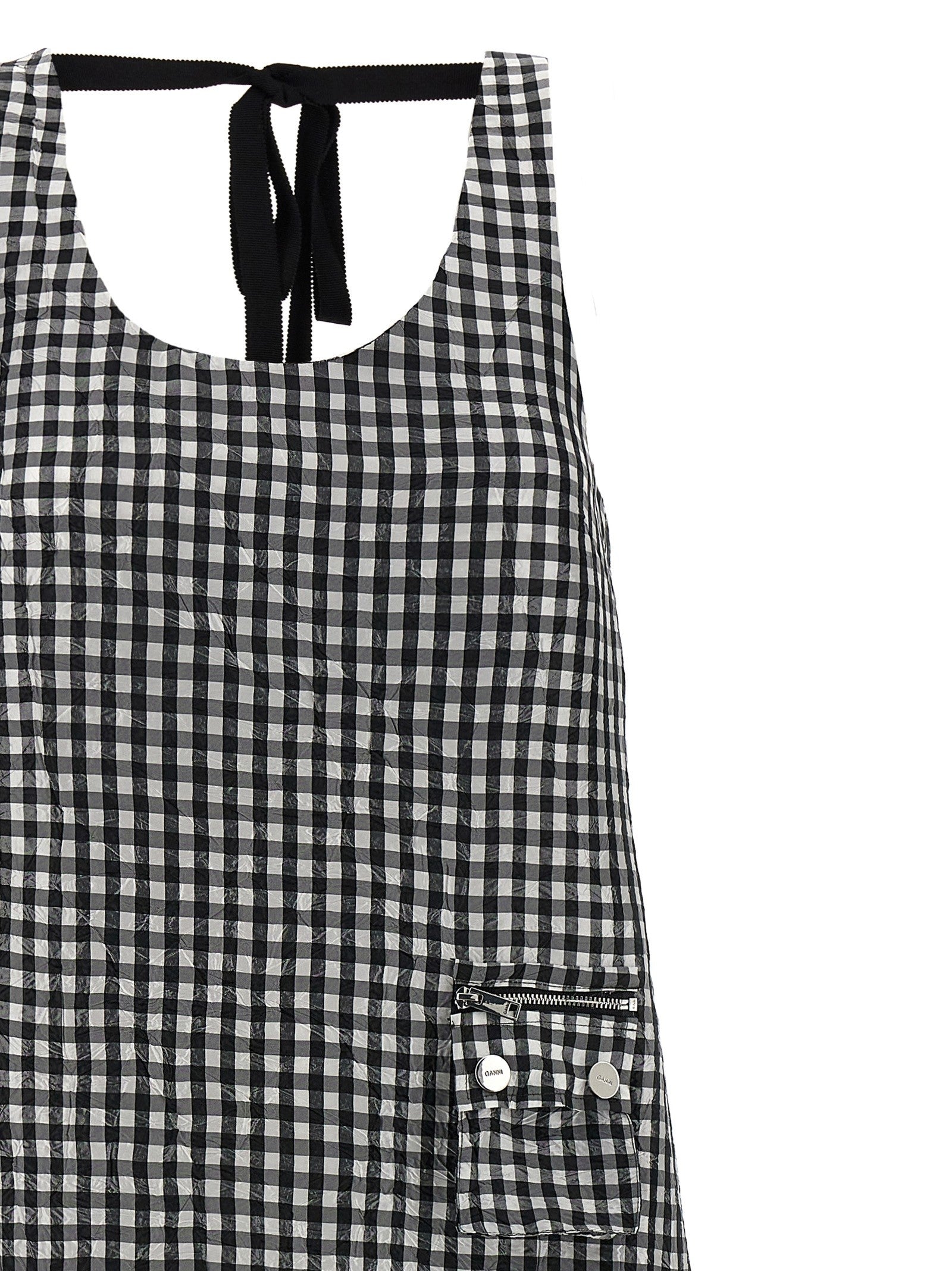 Ganni Crinkled Check Long Dress Black