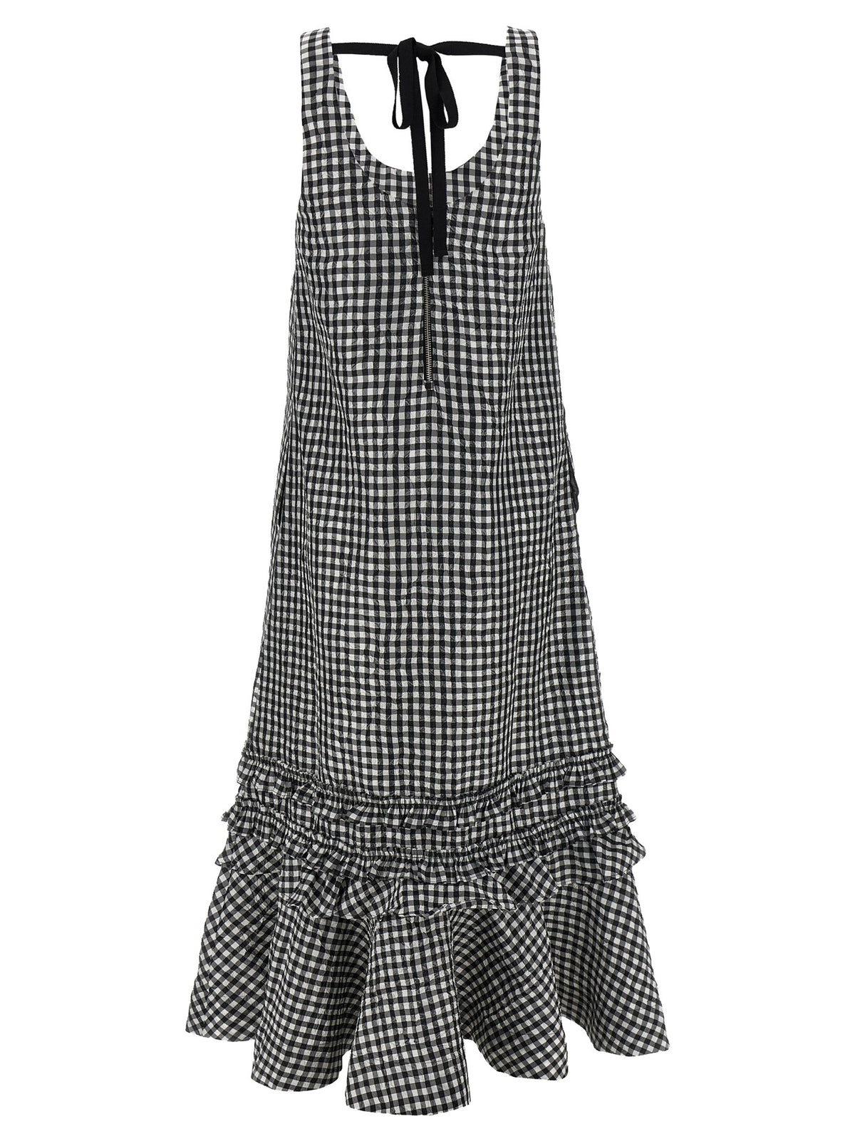 Ganni Crinkled Check Long Dress Black