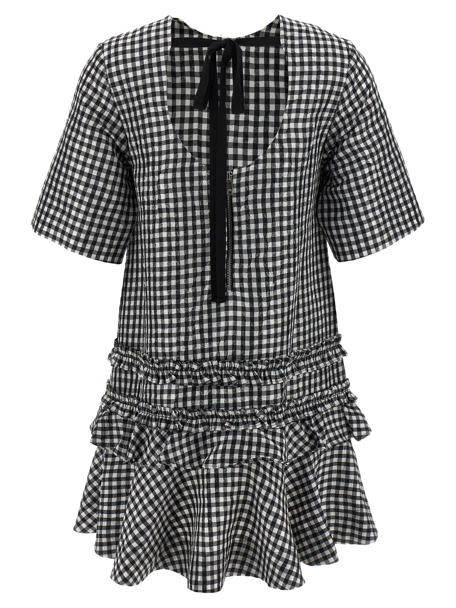 Ganni Crinkled Check Mini Dress White