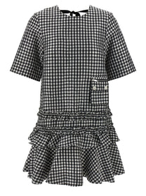 Ganni Crinkled Check Mini Dress White