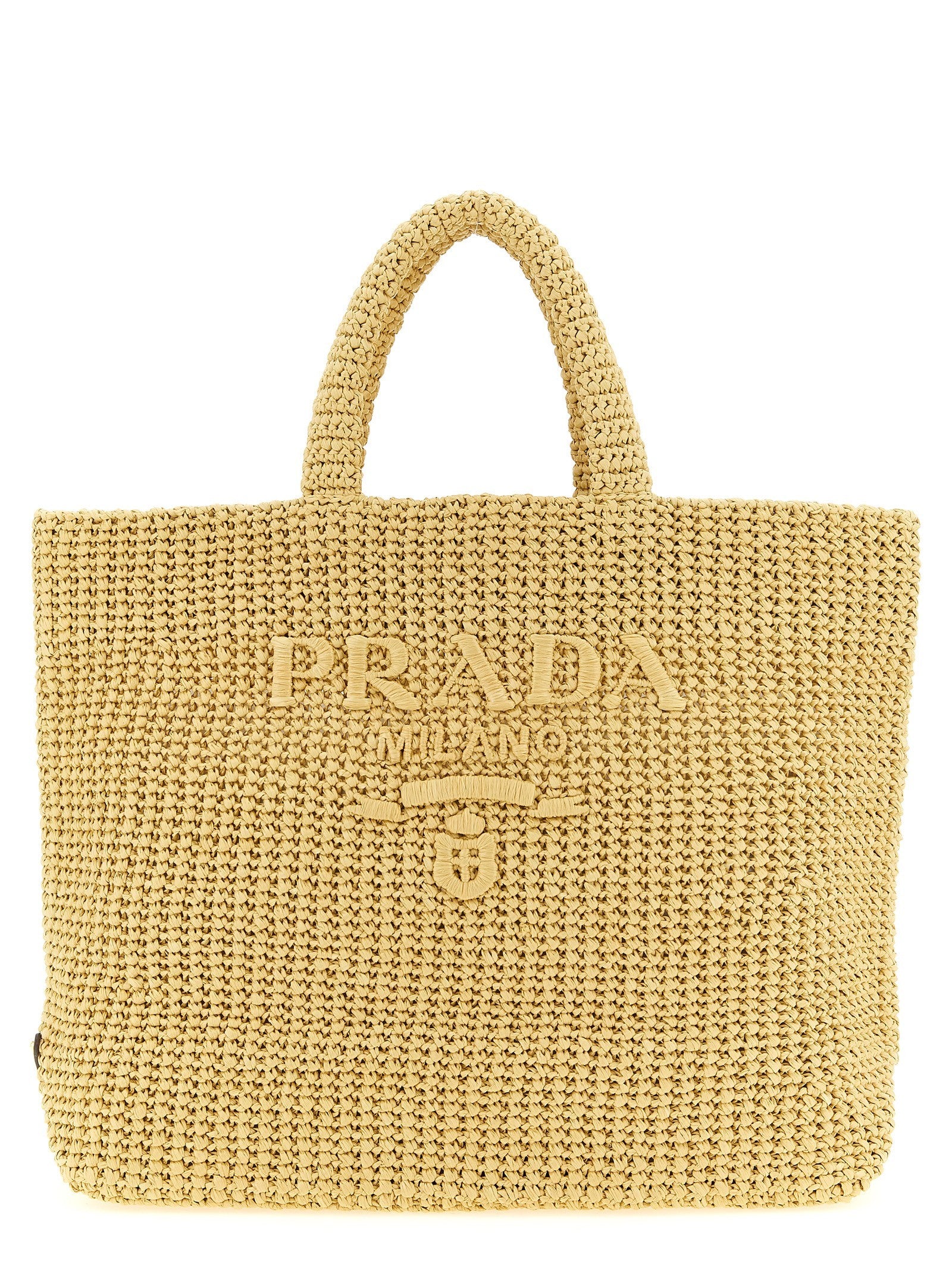 PRADA Crochet Raffia Shopping Bag Beige