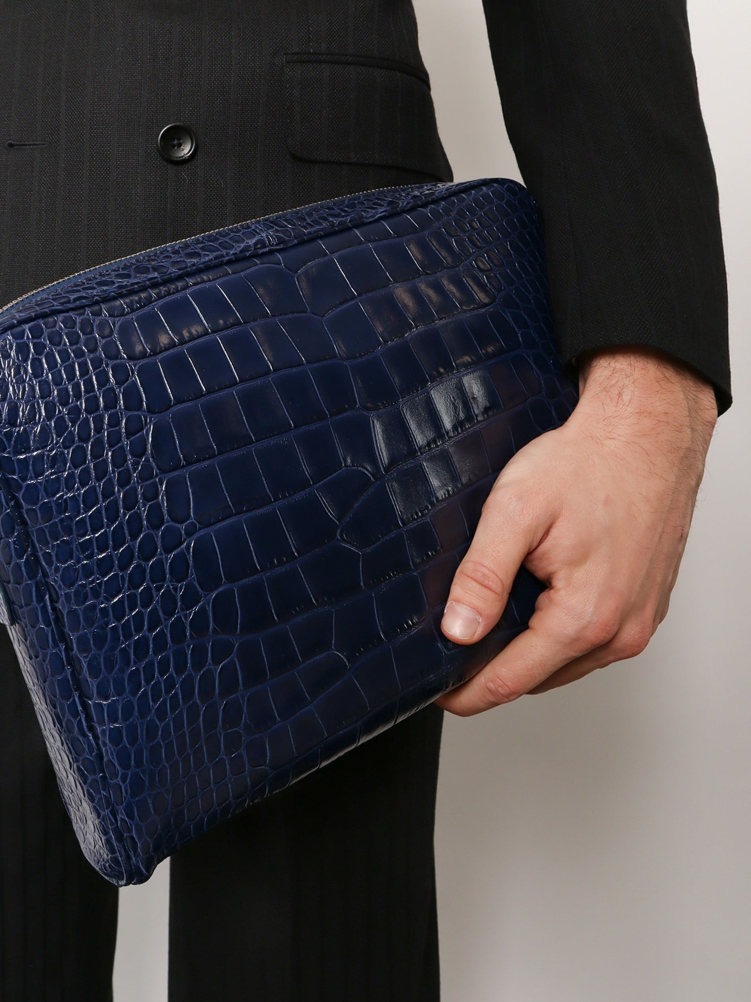 Tom Ford Men's Croco Print Leather Laptop Pouch Blue