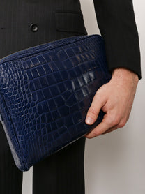 Tom Ford Men's Croco Print Leather Laptop Pouch Blue