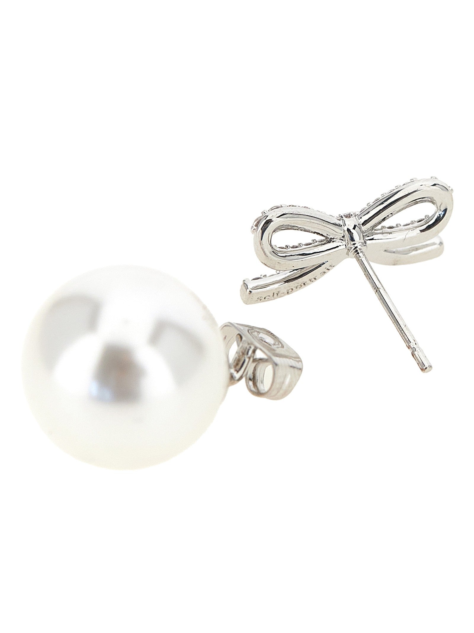 self-portrait Crystal Bow Pearl Back Earrings Silver