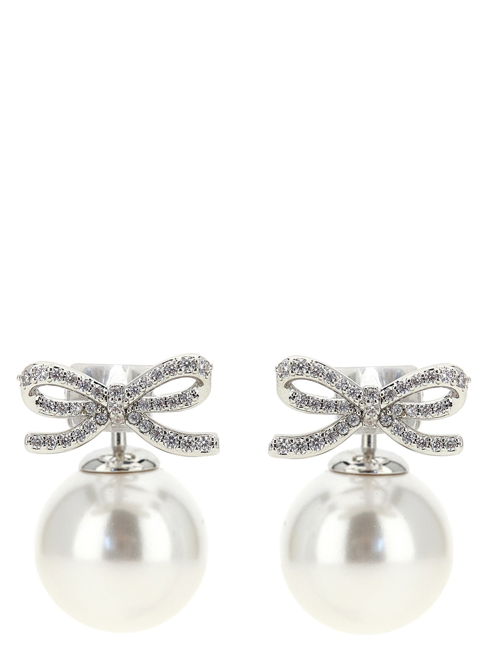 self-portrait Crystal Bow Pearl Back Earrings Silver