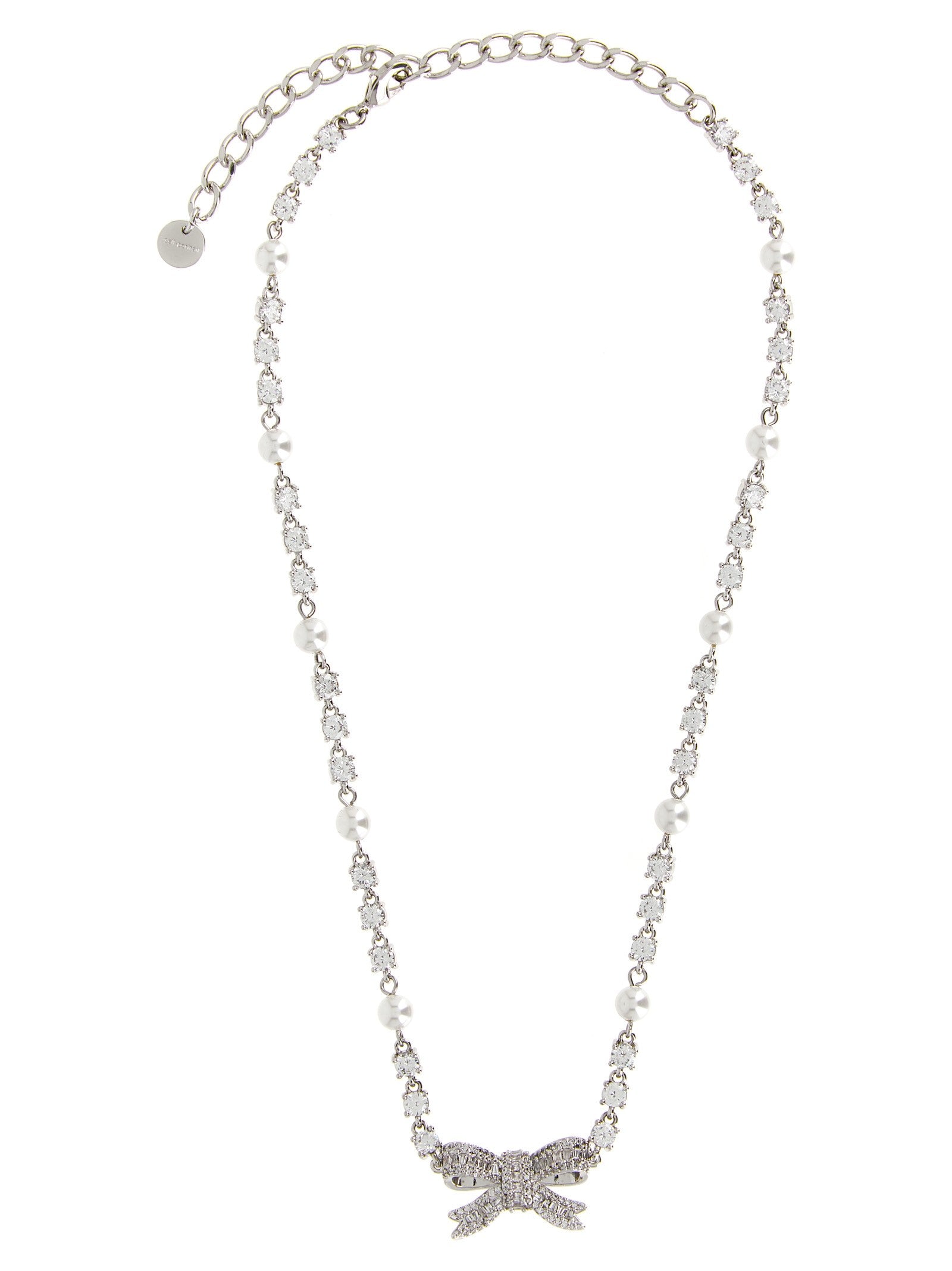 self-portrait Crystal Pearl Bow Necklace Silver