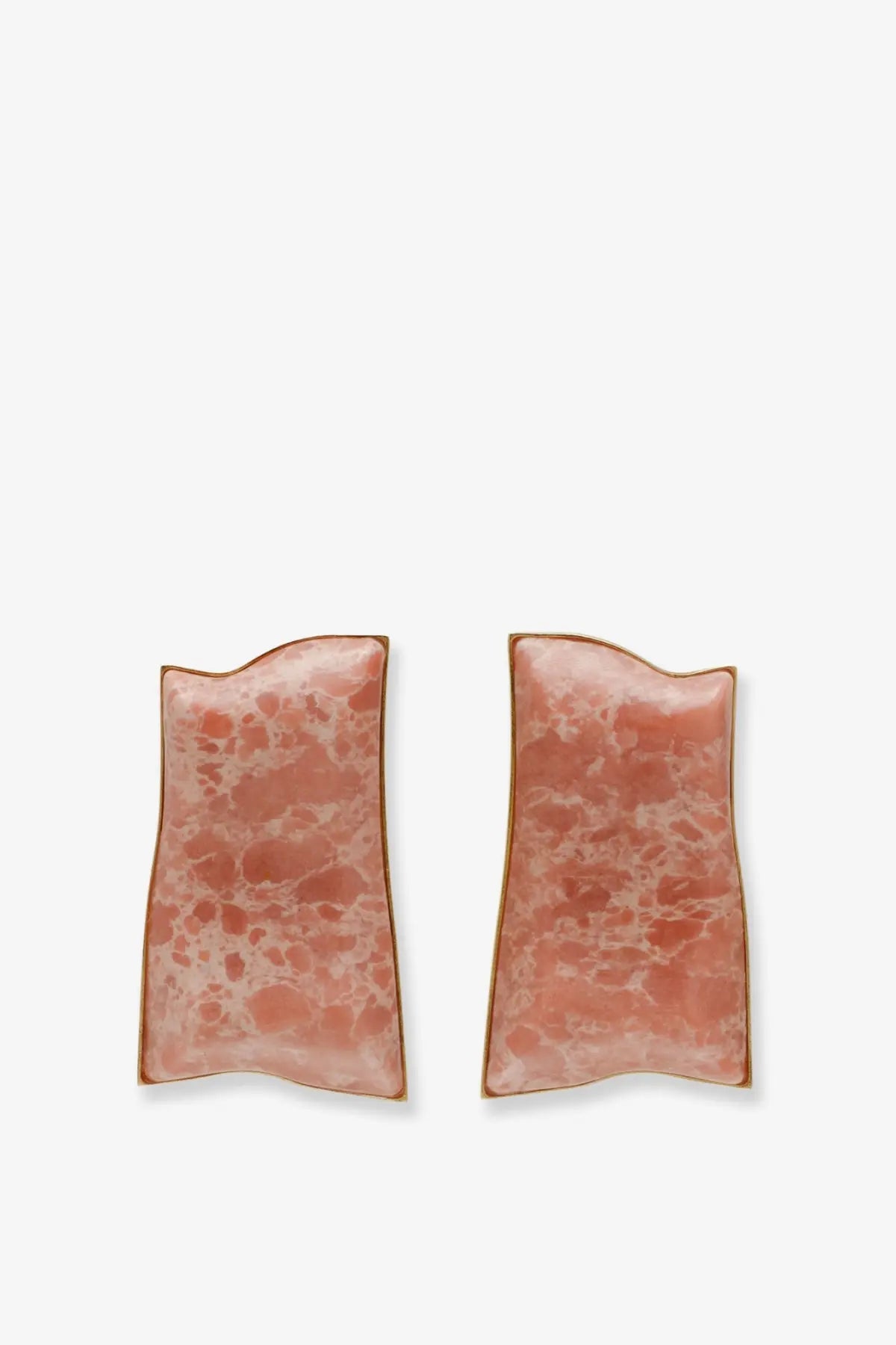 Pair of blush pink marbled stone resin earrings with gold toned edges by Cult Gaia women’s Alaya collection