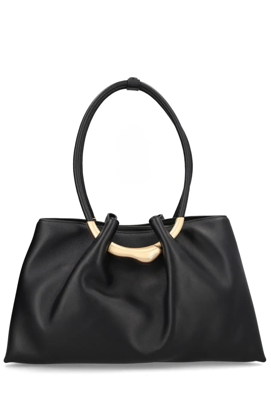 Cult Gaia women’s black leather tote bag with distinctive gold tone circular handle accent