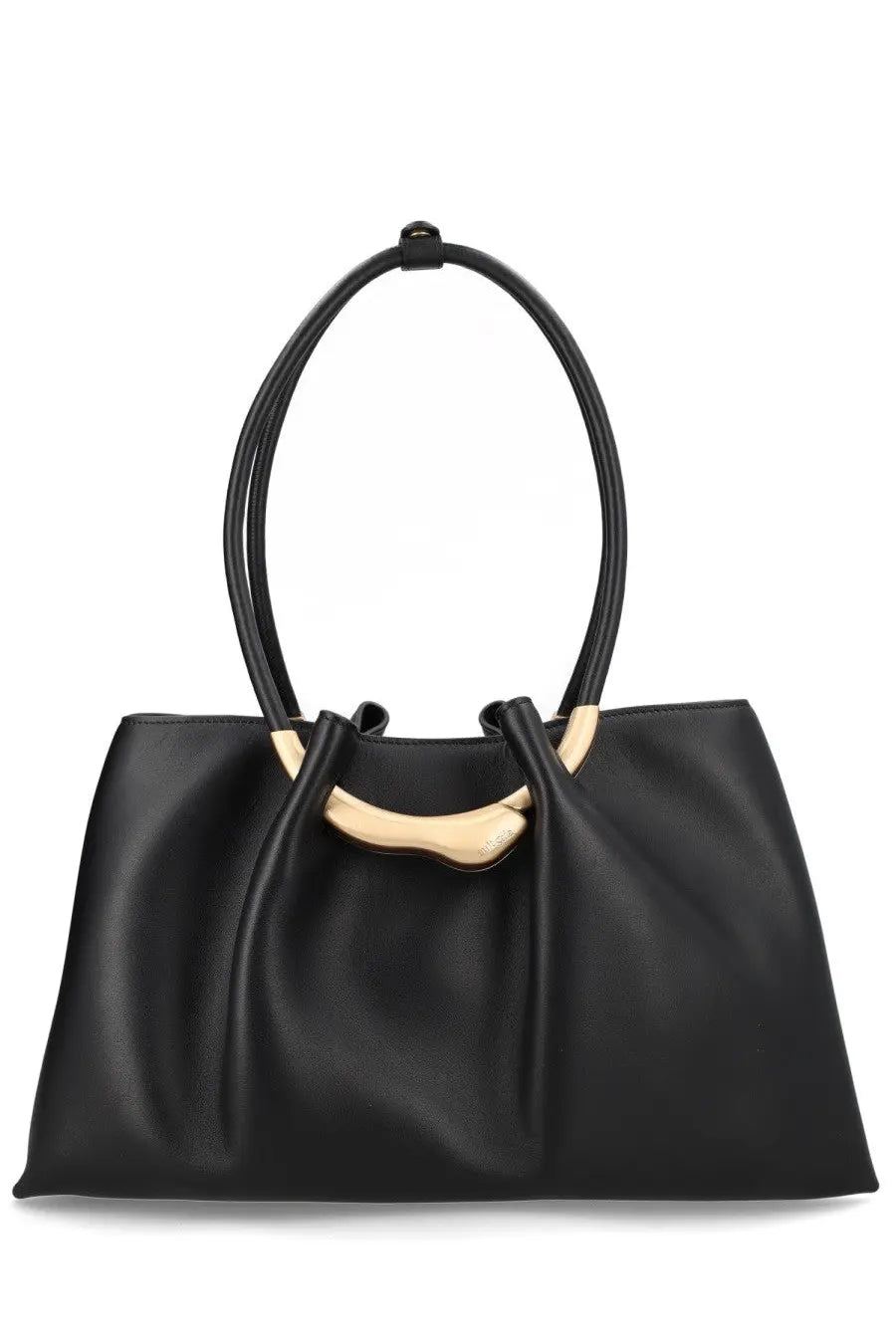 Black leather tote bag with gold-tone circular handles and curved metal accent Cult Gaia women’s bag Asa black