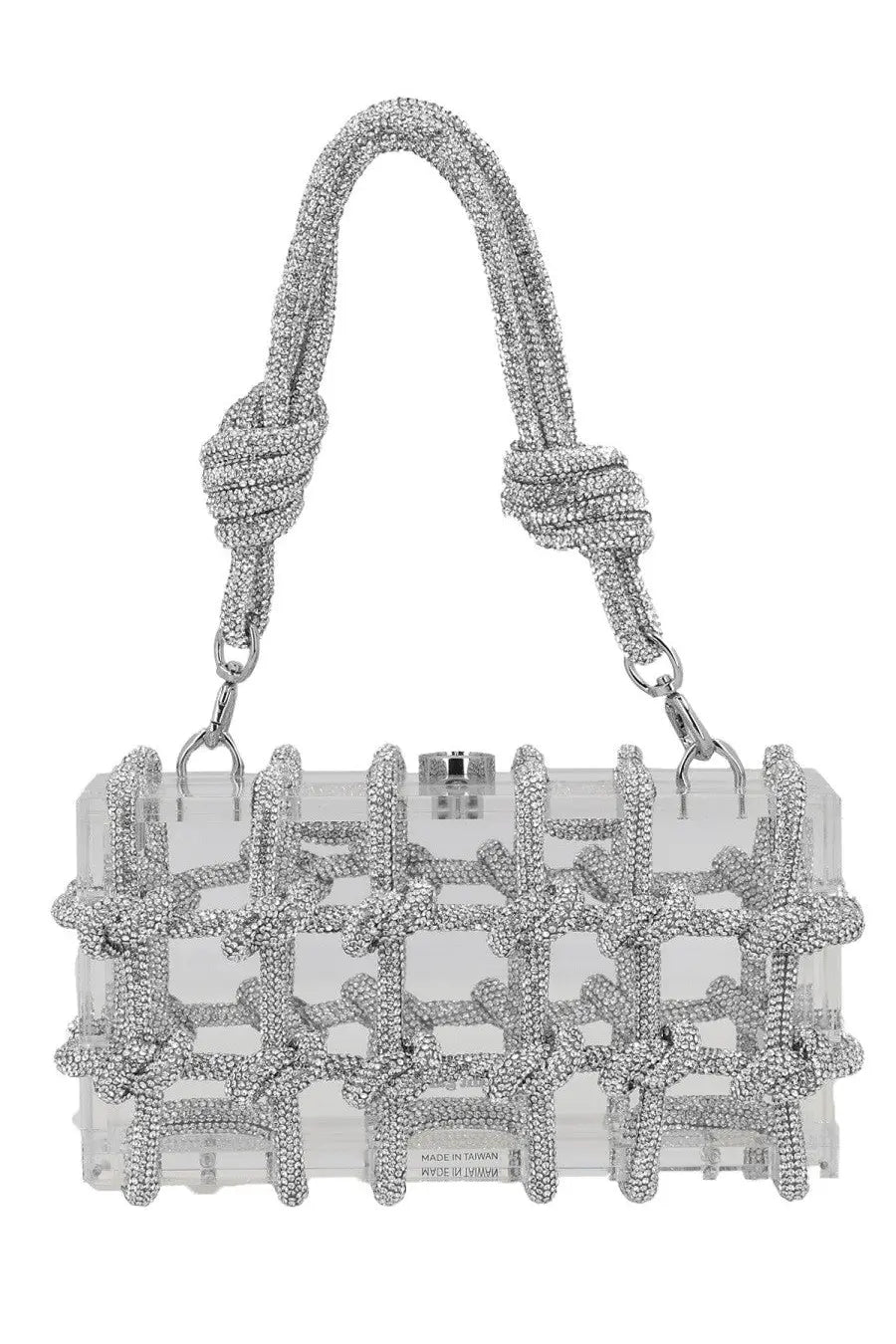 Clear acrylic clutch bag by Cult Gaia with silver crystal knotted handles and grid pattern of sparkling crystals front