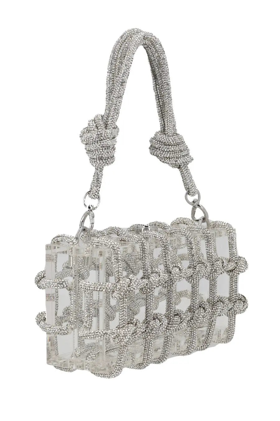 Clear acrylic clutch bag with silver beaded woven handle and crystal embellishments from Cult Gaia women’s collection