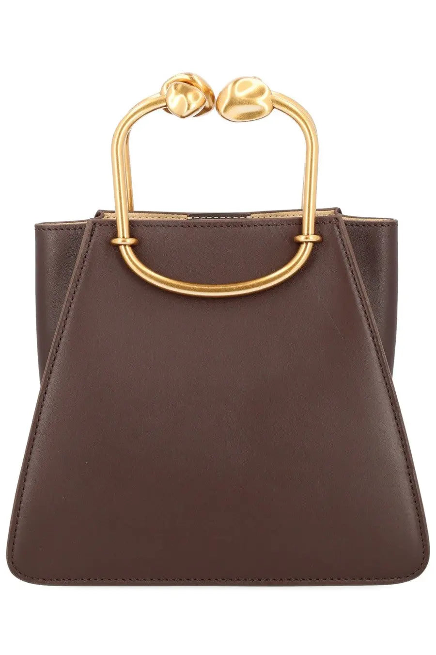 Brown leather handbag cult gaia women’s borsa maxine with distinctive gold-tone metal handle with knotted rounded ends