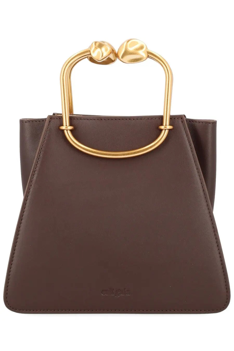 Cult Gaia women’s borsa maxine brown leather handbag with gold-tone metal handle featuring rounded textured ends
