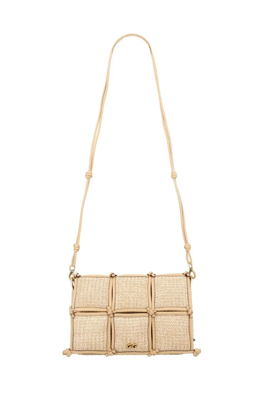 Beige woven straw crossbody bag with grid pattern and adjustable strap from cult gaia womens borsa gaia puff beige