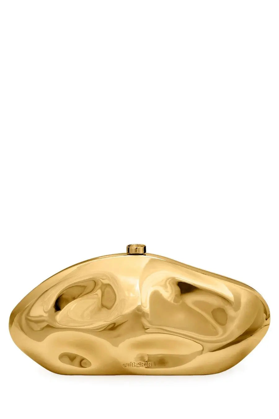 Cult Gaia women’s the caldera clutch bag gold in gold glossy metallic with an organic sculpted shape and circular clasp