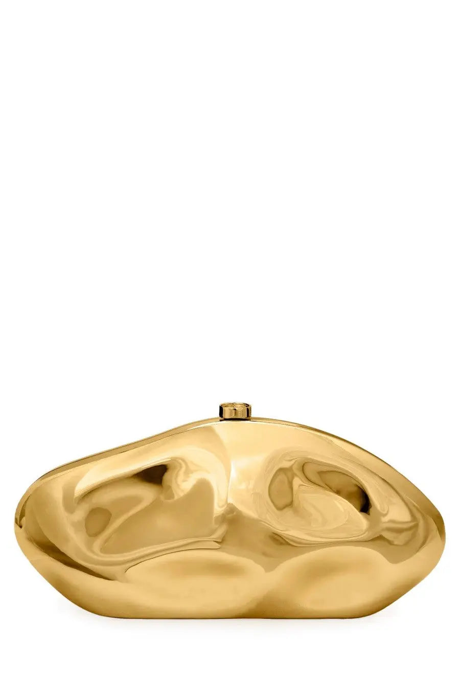 Cult Gaia women’s the caldera clutch bag gold is a gold-colored glossy metallic bag with a sculpted organic shape and circular clasp