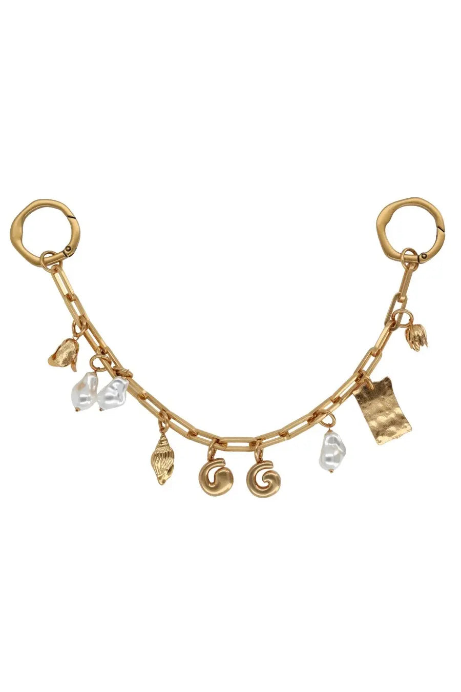 Cult gaia women’s charm bijou gold gold-toned chain keychain with dangling pearls seashells and metallic letter charms