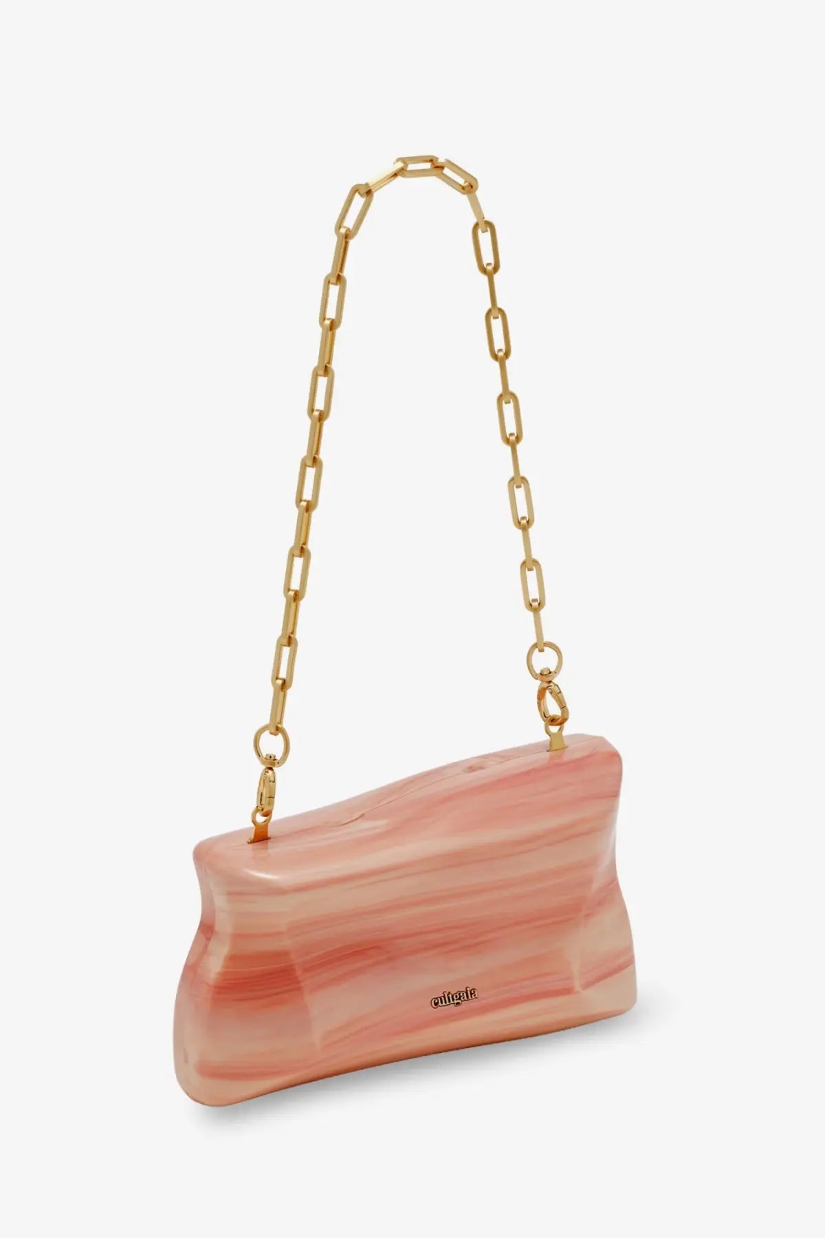Cult Gaia women’s malaya acrylic clutch in blush pink with translucent design and gold-toned chain strap embossed clic