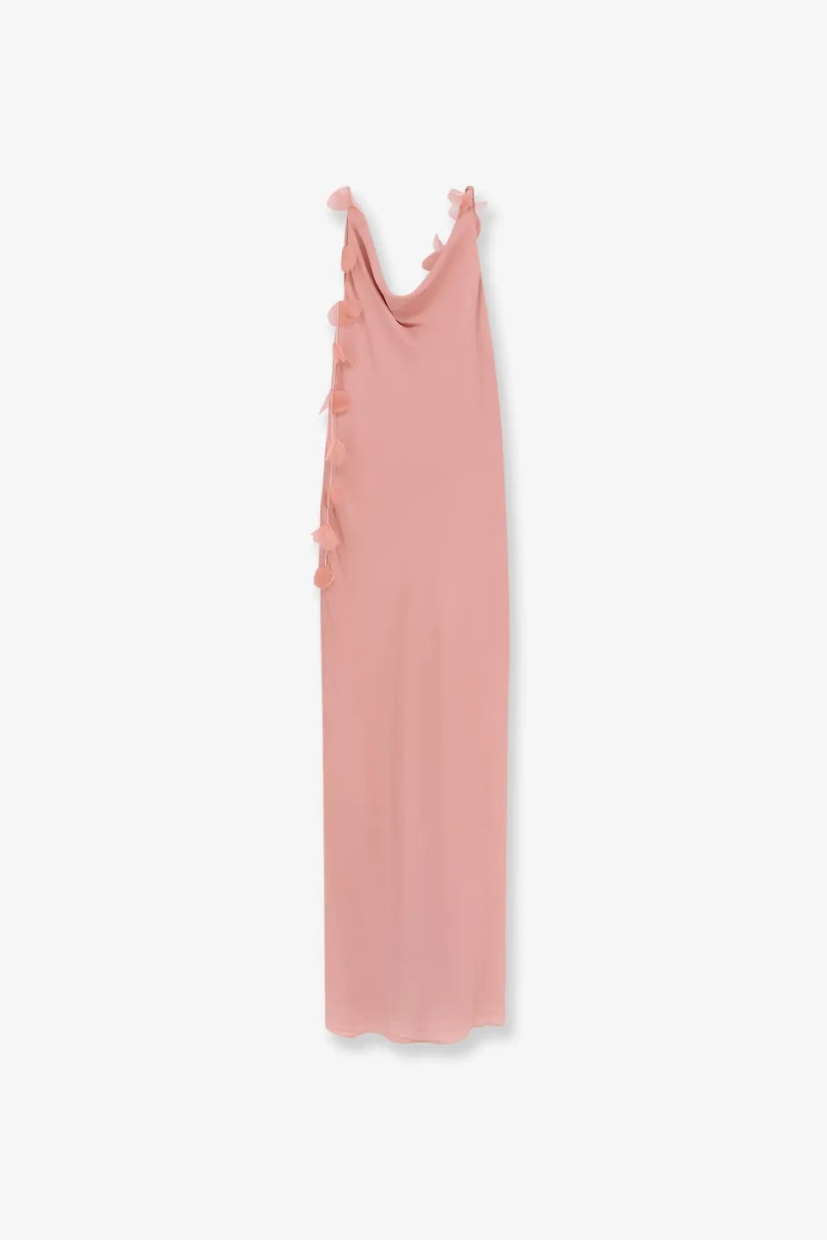 Cult Gaia women’s nymeria silk maxi dress in soft pink with delicate ruffled detailing along the side seam