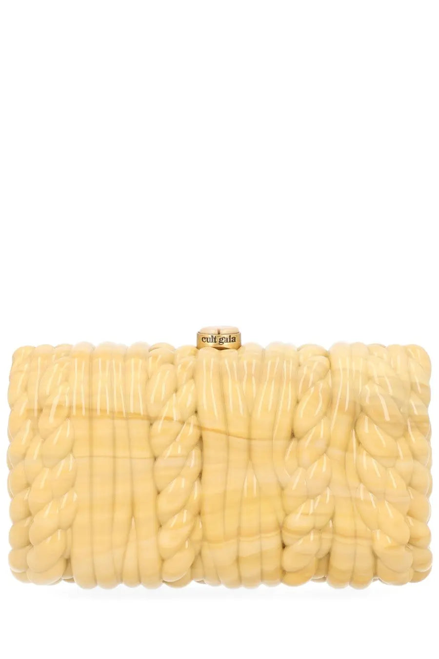 Cult Gaia women’s pochette helene beige clutch in pale yellow textured material with braided rope design and gold tone clasp