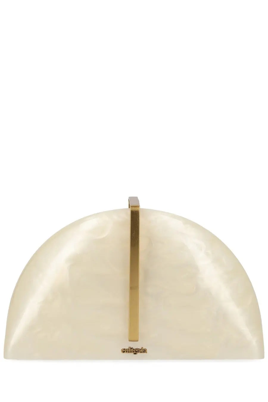 Cult Gaia women’s pochette laguna white cream-colored semi-translucent acetate clutch with gold-tone handle and critica logo