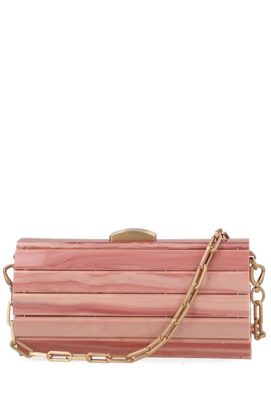 Pink marbled acrylic clutch with gold-tone chain strap and clasp featured in cult gaia women’s rolie polie mini bag blue