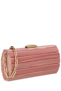 Cult Gaia women’s rolie polie mini bag blue pink translucent acrylic clutch with wood-grain texture and gold chain strap