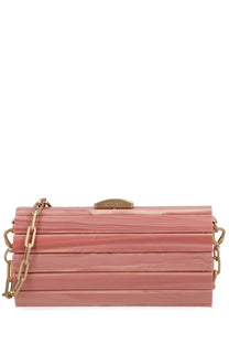 Cult Gaia women’s rolie polie mini bag blue sleek rectangular pink acrylic clutch with horizontal slats and gold chain strap