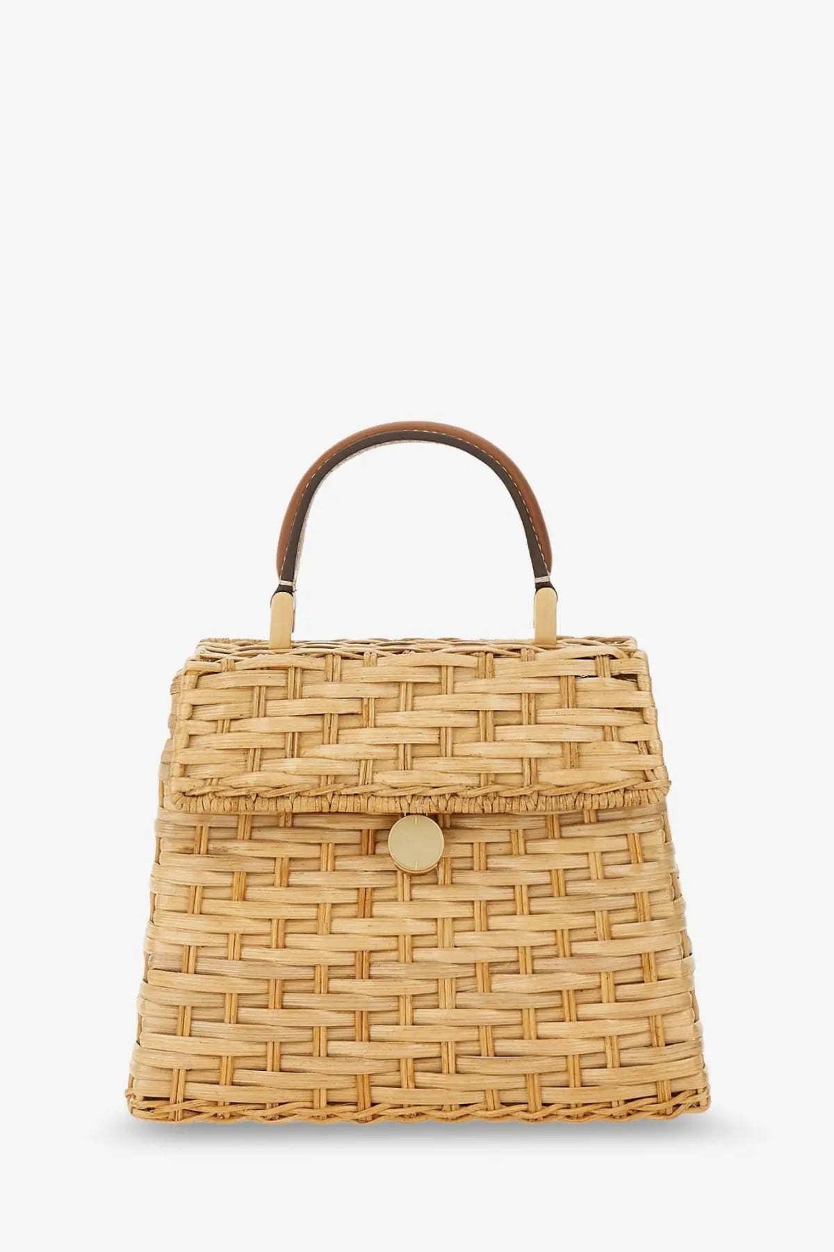 Beige woven straw Cult Gaia women’s sybil wicker handbag with brown leather handle and gold-tone circular clasp