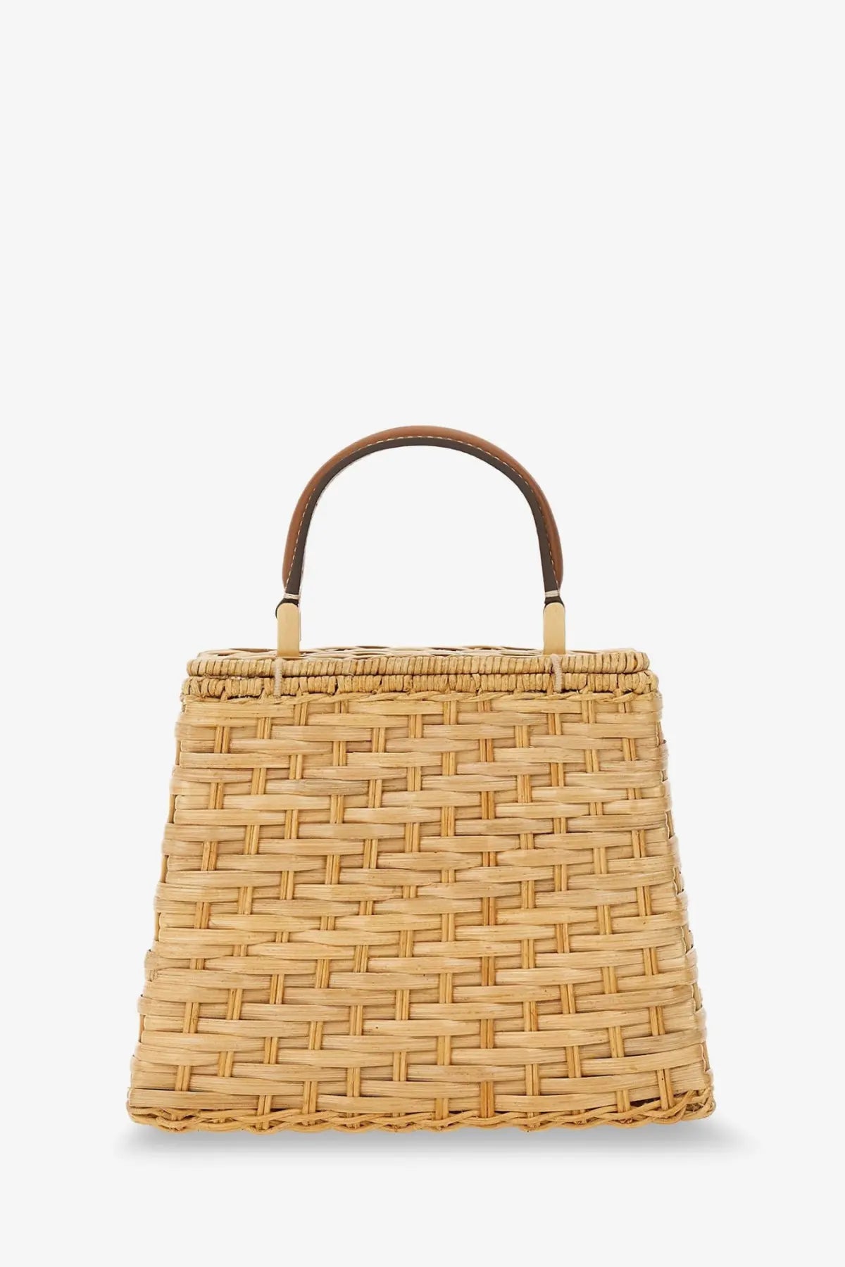 Cult Gaia women’s Sybil wicker handbag light beige woven straw with rectangular shape and brown leather handles