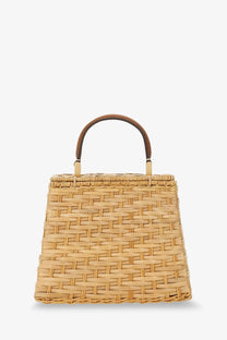 Cult Gaia women’s Sybil wicker handbag light beige woven straw with rectangular shape and brown leather handles